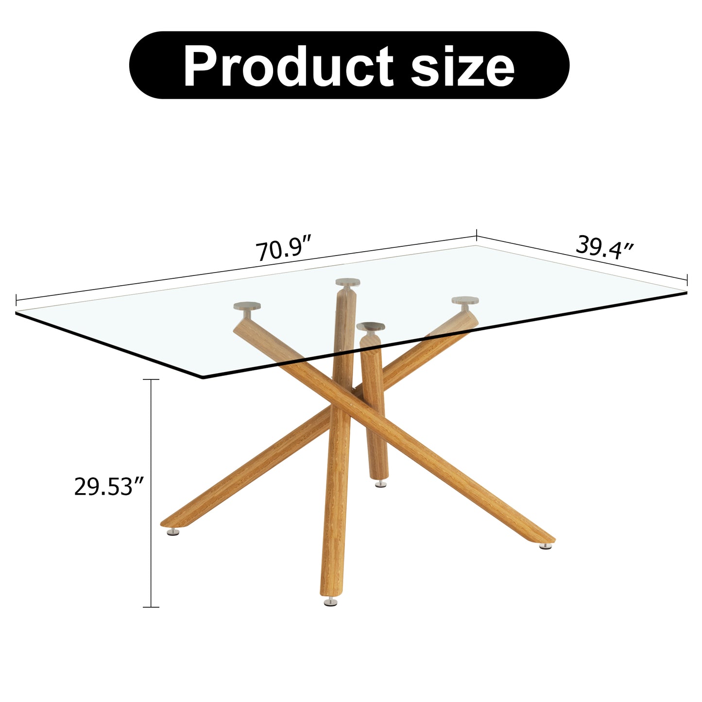 Large Modern Minimalist Rectangular Glass Dining Table for 6-8 with 0.39" Tempered Glass Tabletop and Wood color Metal Legs, for Kitchen Dining Living Meeting Room Banquet hall, 71" W x 39" D x 301537