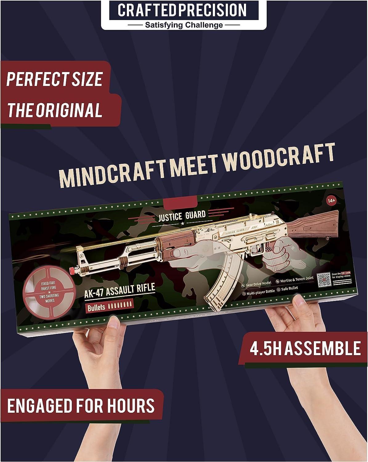 ROBOTIME 3D Wooden Puzzle Toy Rifle, Model Kits with Rubber Bands for Adults to Build, Unique Gifts for Kids and Adults
