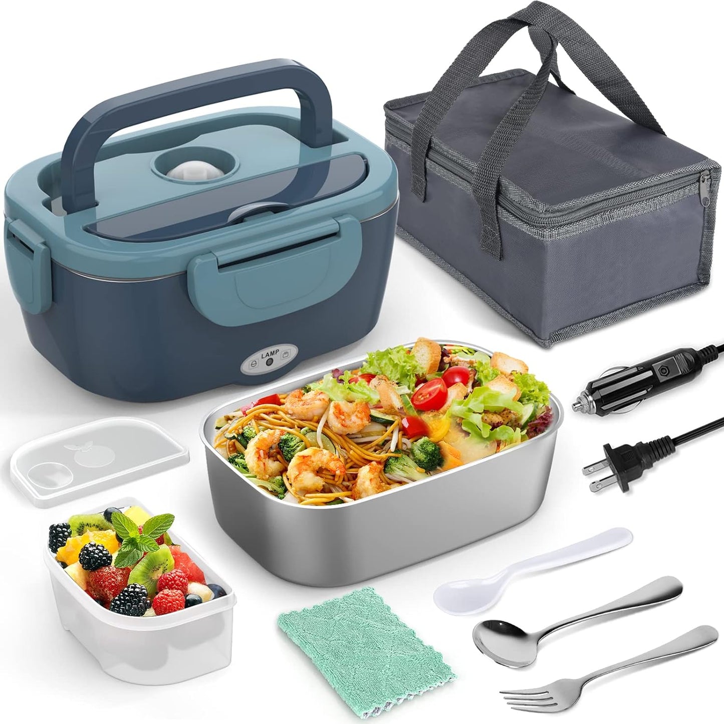 Electric Lunch Box Food Heater, 60W Heated Lunch Box for Adults, 12V 24V 110V Portable Food Warmer LunchBox for Car Truck Work with Removable 304 Stainless Steel Container, Carry Bag