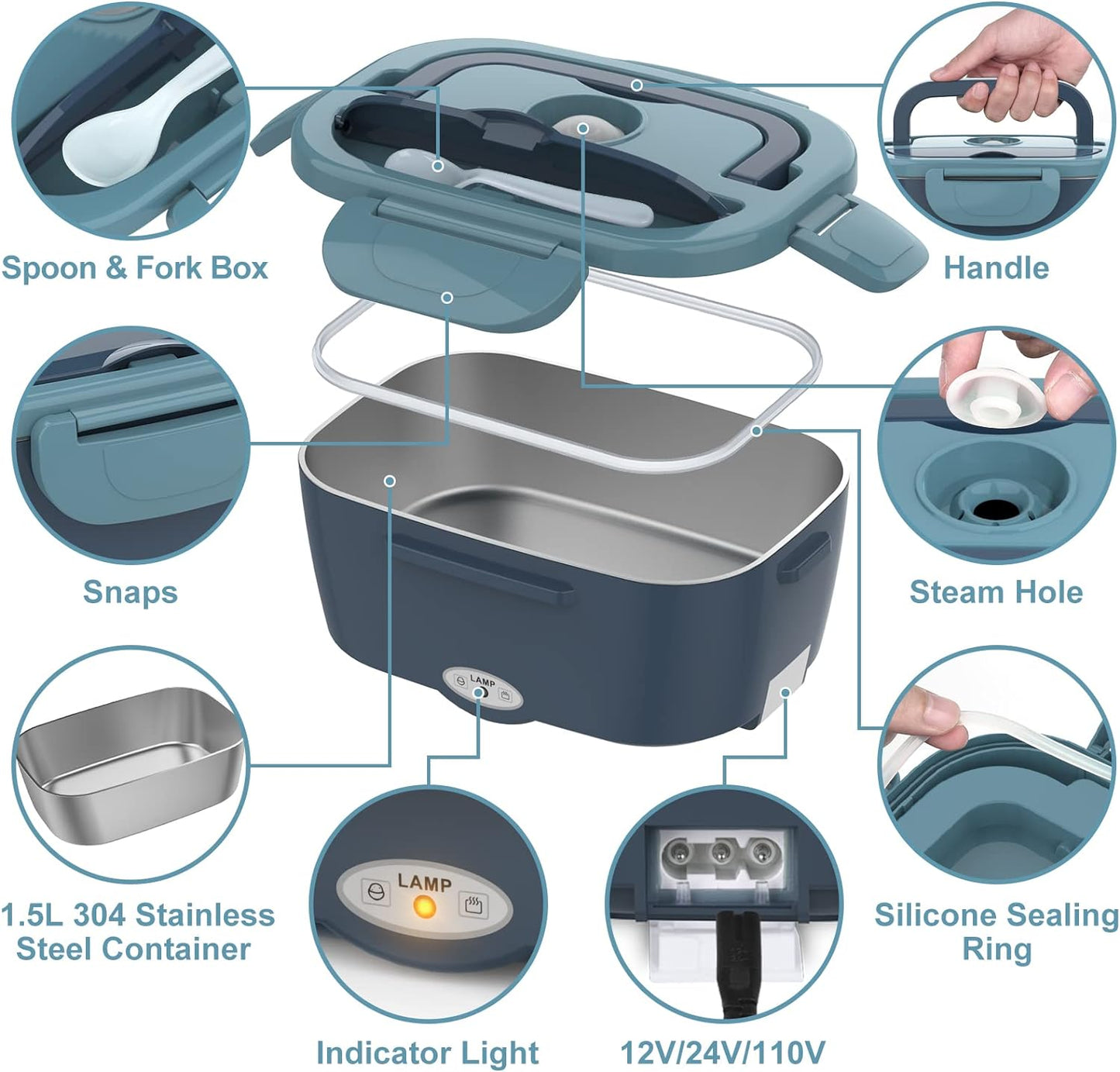 Electric Lunch Box Food Heater, 60W Heated Lunch Box for Adults, 12V 24V 110V Portable Food Warmer LunchBox for Car Truck Work with Removable 304 Stainless Steel Container, Carry Bag