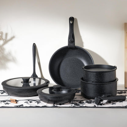12pcs Non-Stick Cookware Set, Pots and Pans Set with Spatula and Detachable Handle for Kitchen, Black