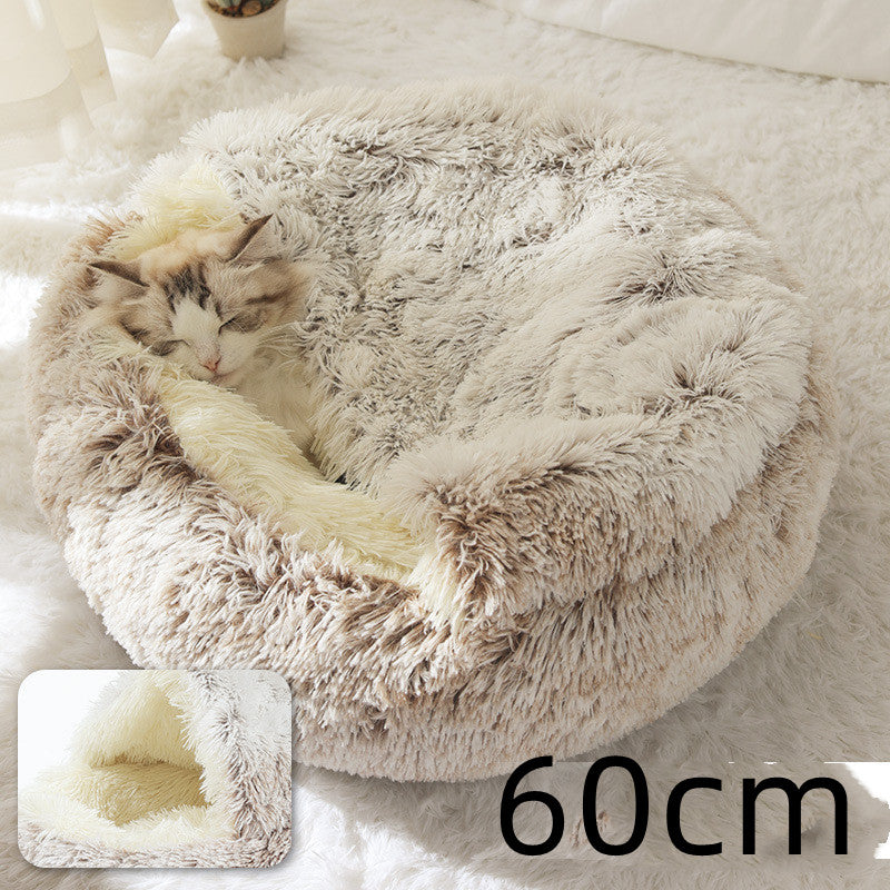 2 In 1 Pet Winter Bed Round Plush Warm Bed House Soft Long Plush Pets Bed