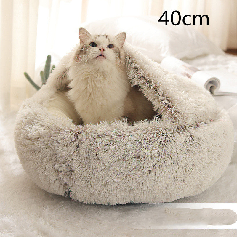 2 In 1 Pet Winter Bed Round Plush Warm Bed House Soft Long Plush Pets Bed