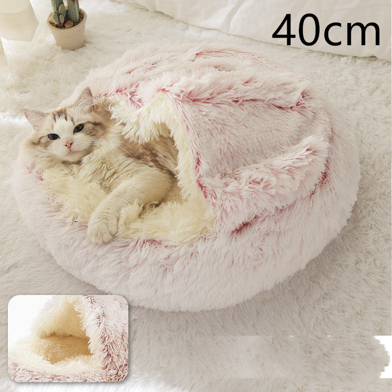 2 In 1 Pet Winter Bed Round Plush Warm Bed House Soft Long Plush Pets Bed