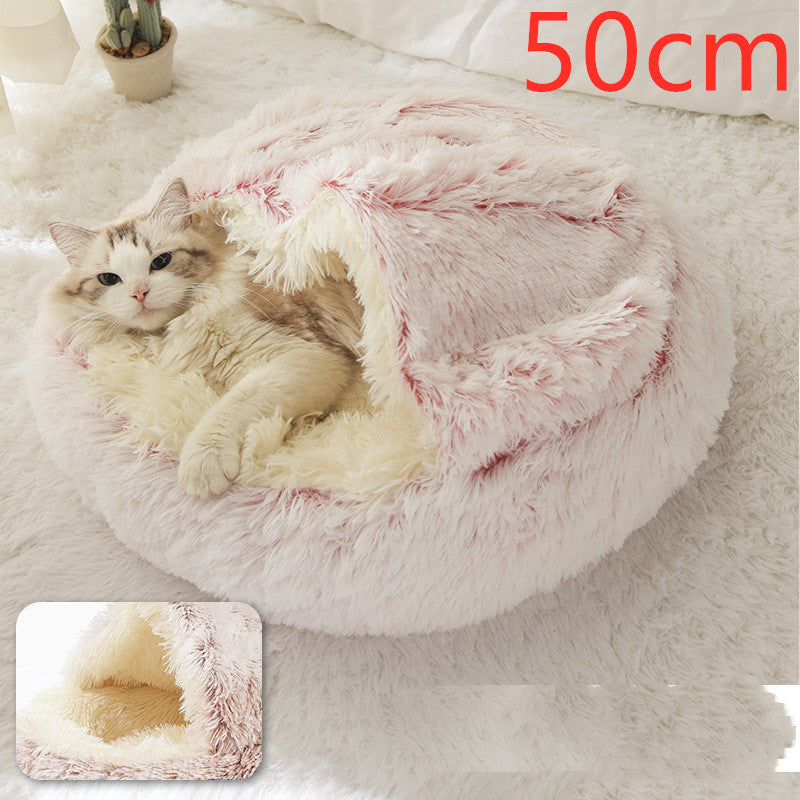 2 In 1 Pet Winter Bed Round Plush Warm Bed House Soft Long Plush Pets Bed