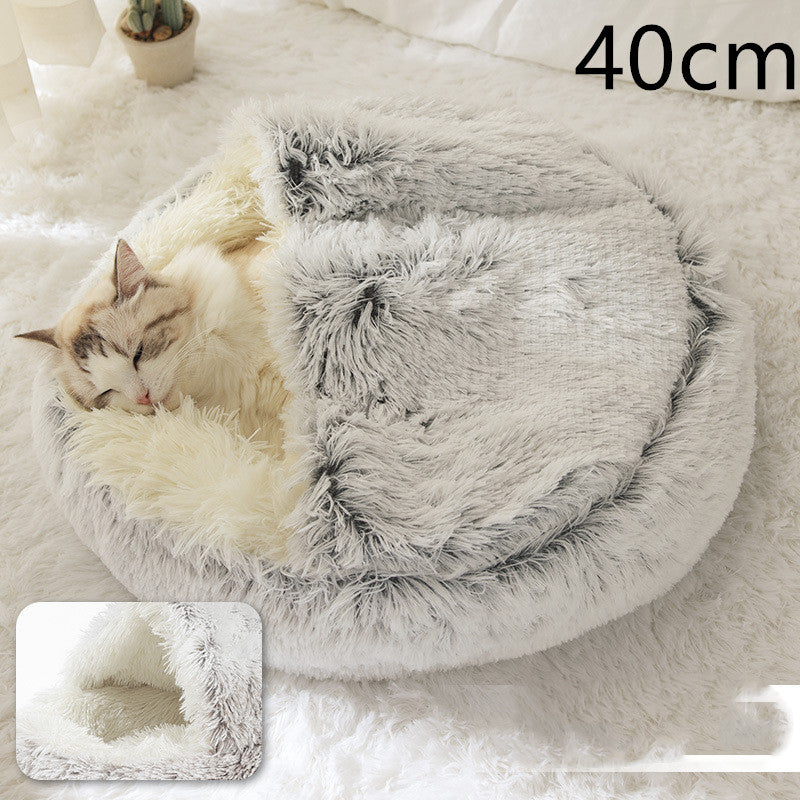 2 In 1 Pet Winter Bed Round Plush Warm Bed House Soft Long Plush Pets Bed