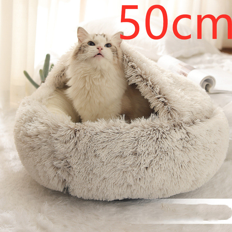 2 In 1 Pet Winter Bed Round Plush Warm Bed House Soft Long Plush Pets Bed