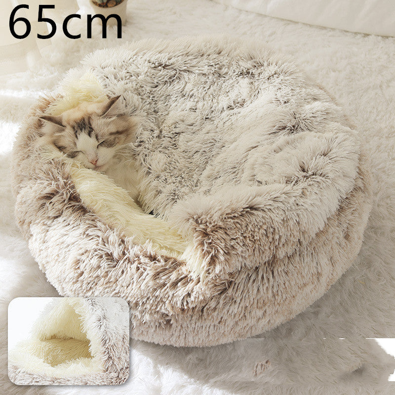 2 In 1 Pet Winter Bed Round Plush Warm Bed House Soft Long Plush Pets Bed
