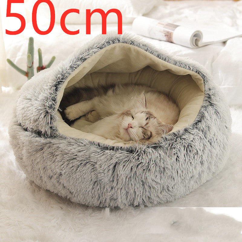 2 In 1 Pet Winter Bed Round Plush Warm Bed House Soft Long Plush Pets Bed