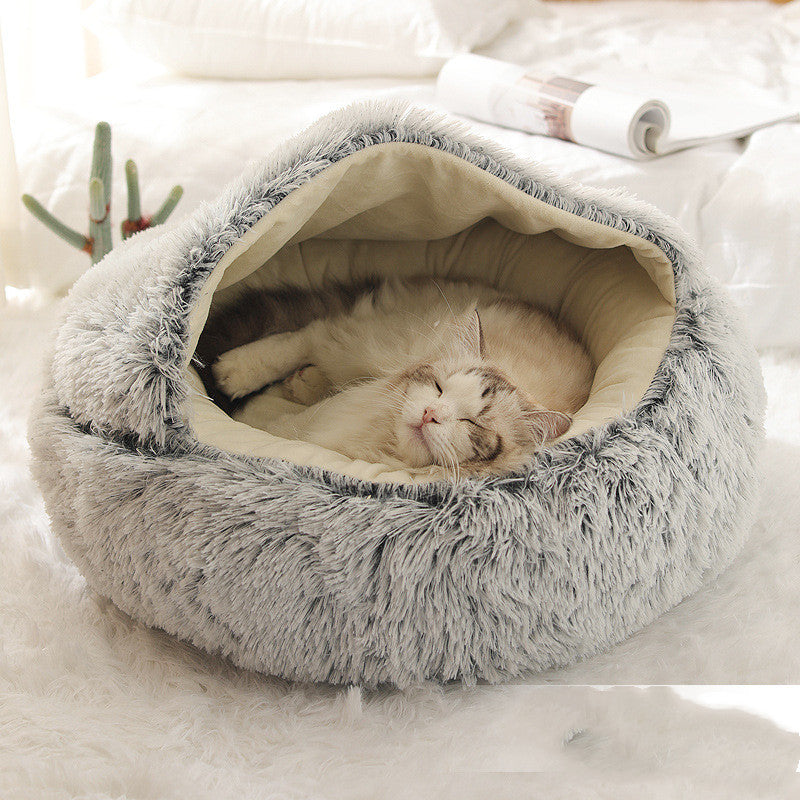 2 In 1 Pet Winter Bed Round Plush Warm Bed House Soft Long Plush Pets Bed