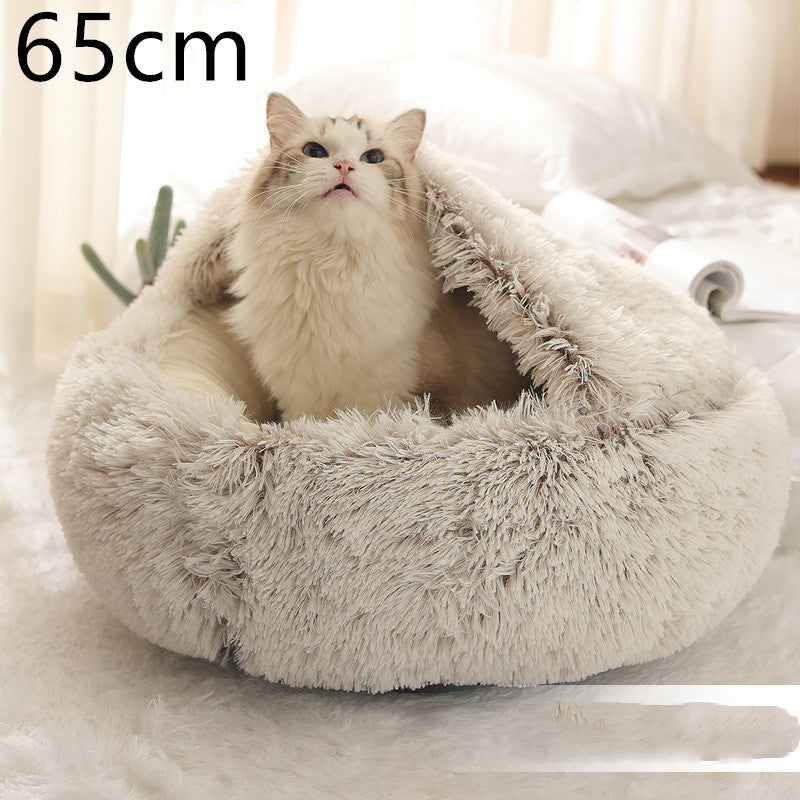 2 In 1 Pet Winter Bed Round Plush Warm Bed House Soft Long Plush Pets Bed