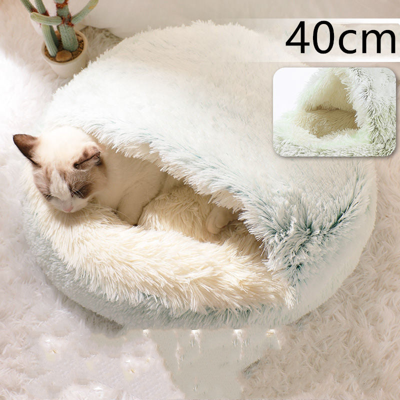 2 In 1 Pet Winter Bed Round Plush Warm Bed House Soft Long Plush Pets Bed