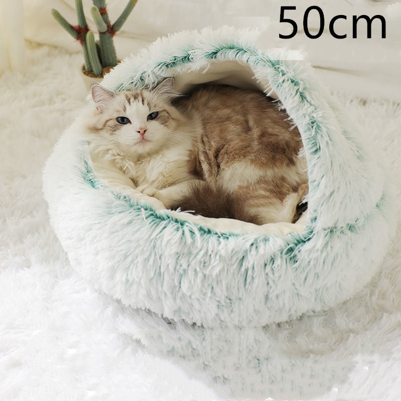 2 In 1 Pet Winter Bed Round Plush Warm Bed House Soft Long Plush Pets Bed