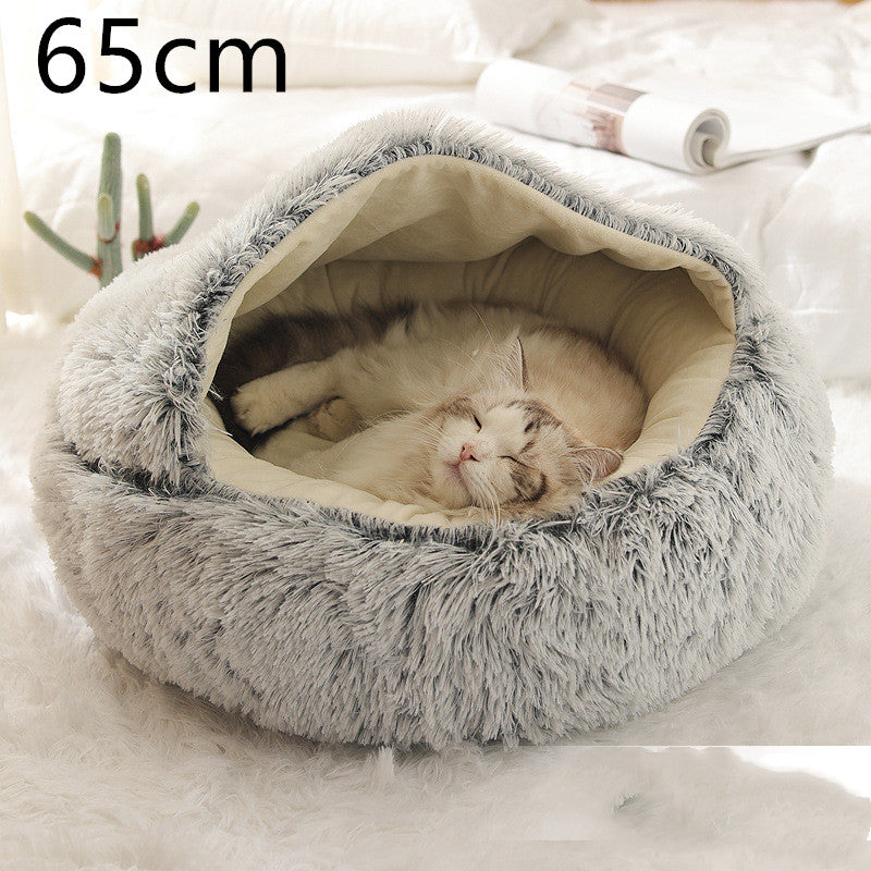 2 In 1 Pet Winter Bed Round Plush Warm Bed House Soft Long Plush Pets Bed