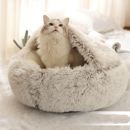 2 In 1 Pet Winter Bed Round Plush Warm Bed House Soft Long Plush Pets Bed