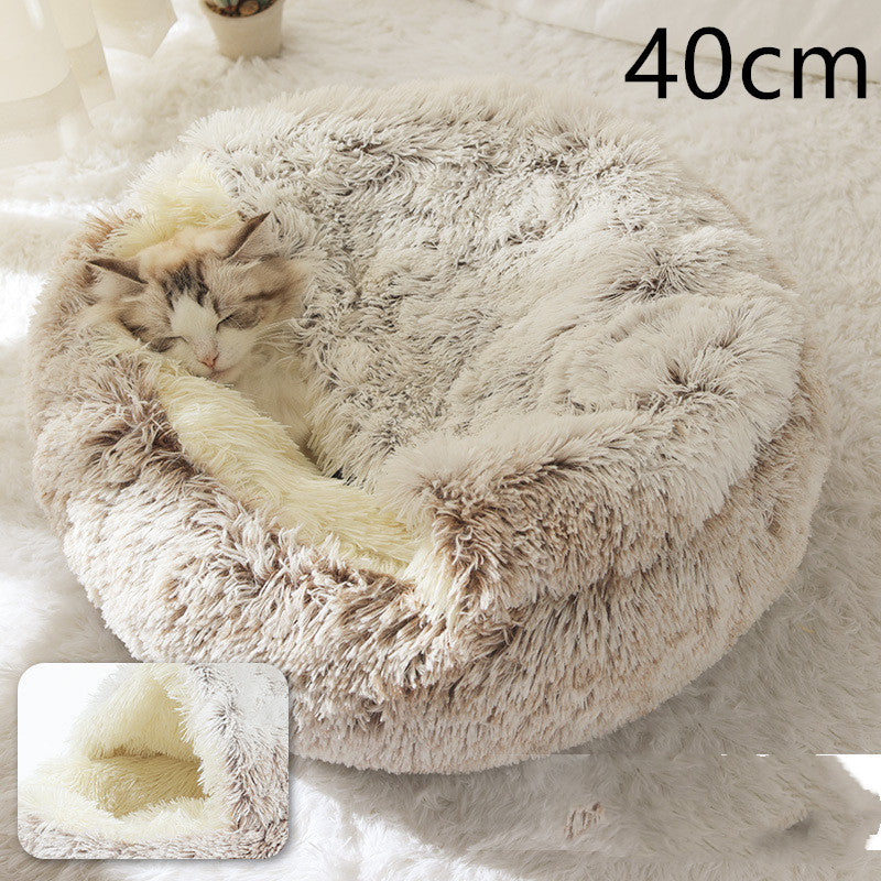 2 In 1 Pet Winter Bed Round Plush Warm Bed House Soft Long Plush Pets Bed
