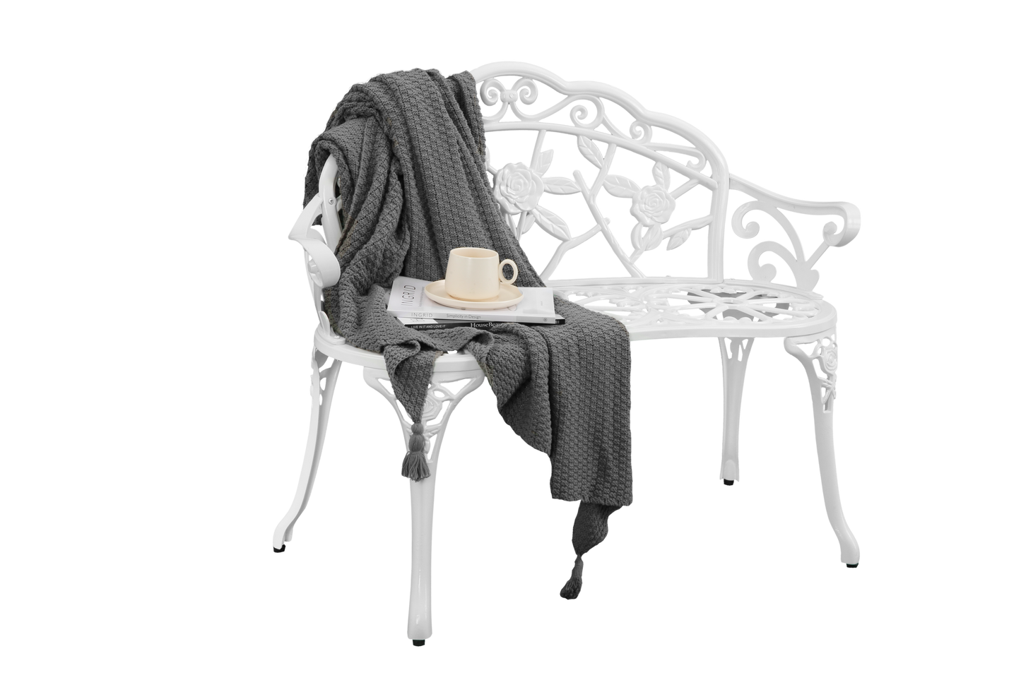 Patio Outdoor Bench, White Cast-Aluminum Garden Benches Metal Loveseat Outdoor Furniture for Park Lawn Front Porch