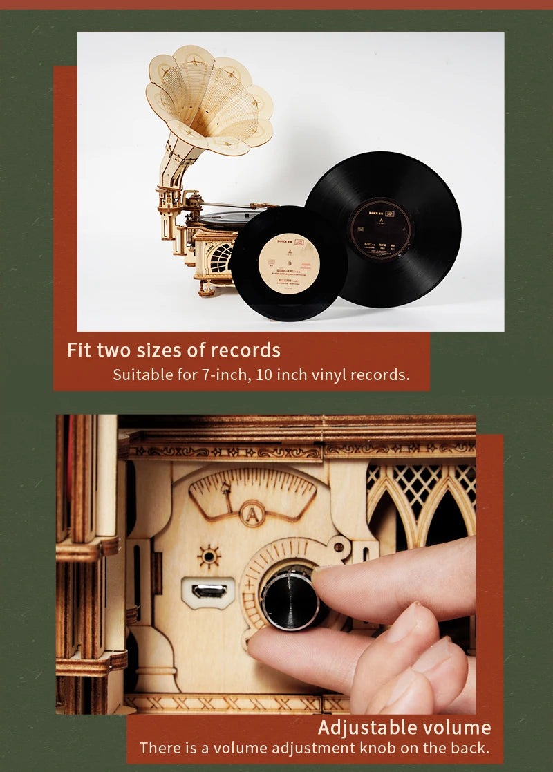 Robotime ROKR DIY Hand Crank Classic Gramophone Wooden Puzzle Model Building Kits Assembly Toy Gift for Children LKB01
