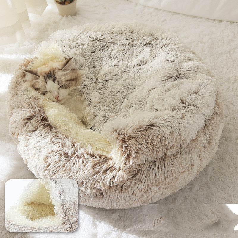 2 In 1 Pet Winter Bed Round Plush Warm Bed House Soft Long Plush Pets Bed