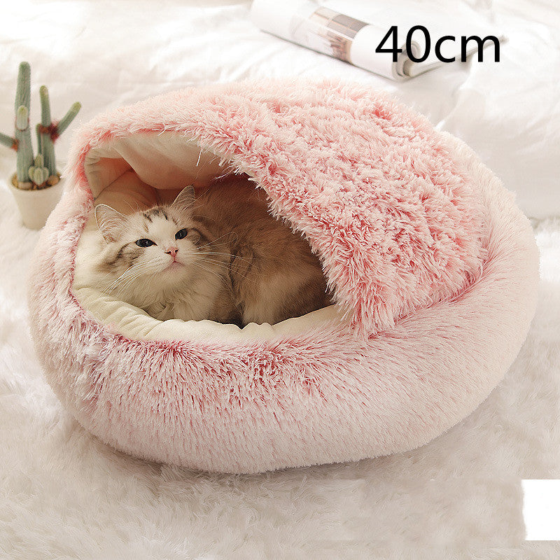 2 In 1 Pet Winter Bed Round Plush Warm Bed House Soft Long Plush Pets Bed