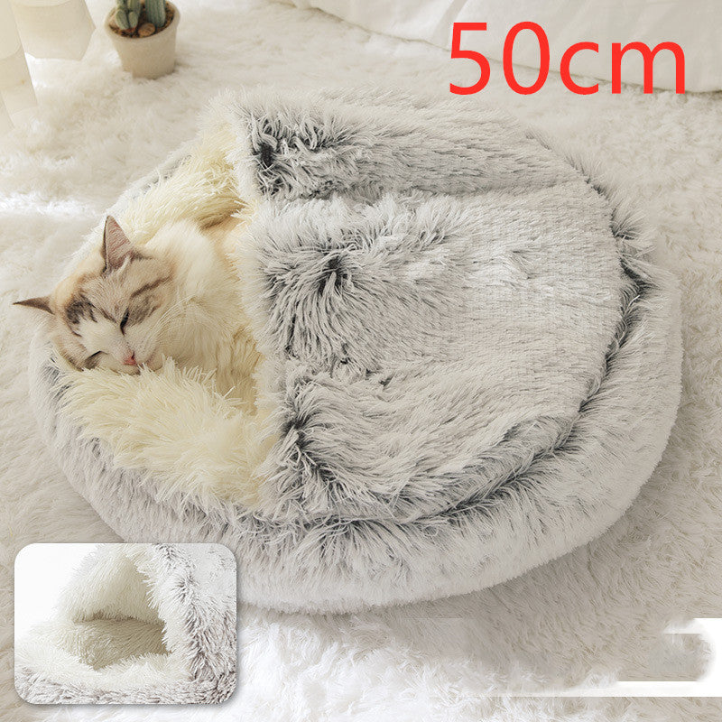2 In 1 Pet Winter Bed Round Plush Warm Bed House Soft Long Plush Pets Bed