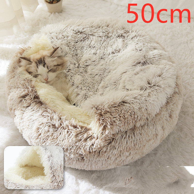 2 In 1 Pet Winter Bed Round Plush Warm Bed House Soft Long Plush Pets Bed