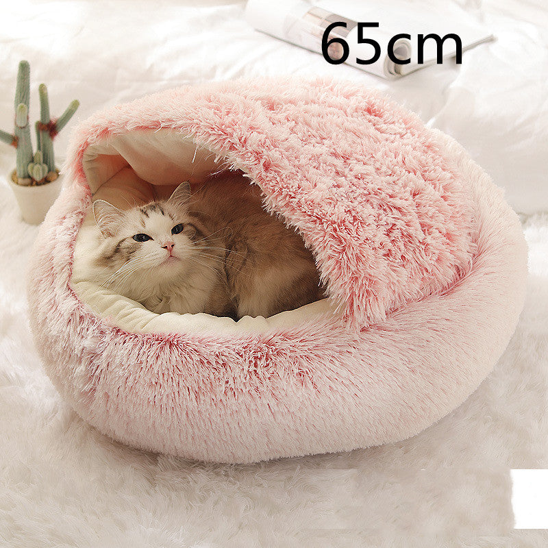 2 In 1 Pet Winter Bed Round Plush Warm Bed House Soft Long Plush Pets Bed