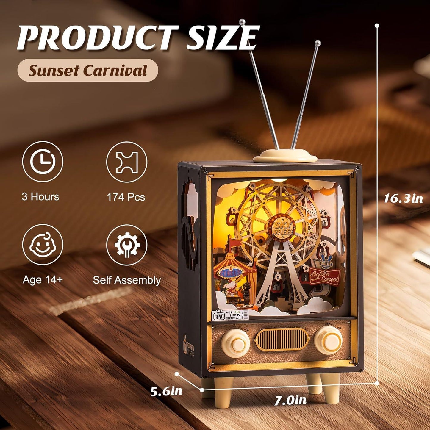 ROBOTIME Wooden Music Box 3D Puzzles for Adults DIY Model Kits to Build Book Nook Hobby Personalized Crafts Gift Home Decoration (Sunset Carnival)