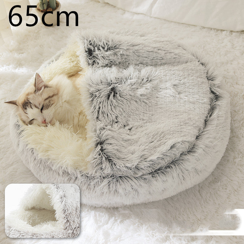 2 In 1 Pet Winter Bed Round Plush Warm Bed House Soft Long Plush Pets Bed