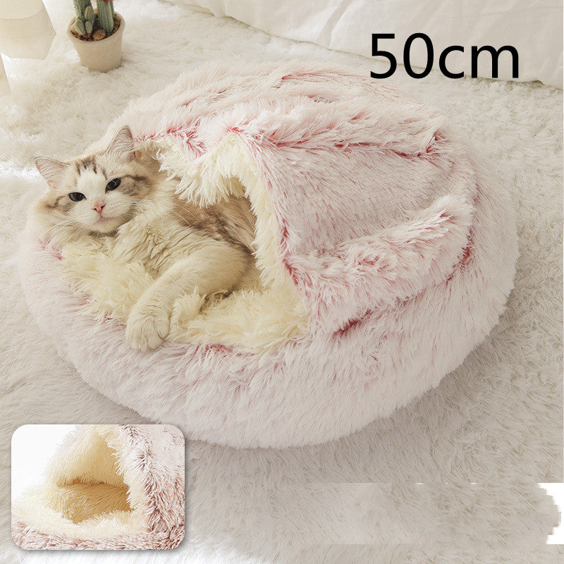 2 In 1 Pet Winter Bed Round Plush Warm Bed House Soft Long Plush Pets Bed