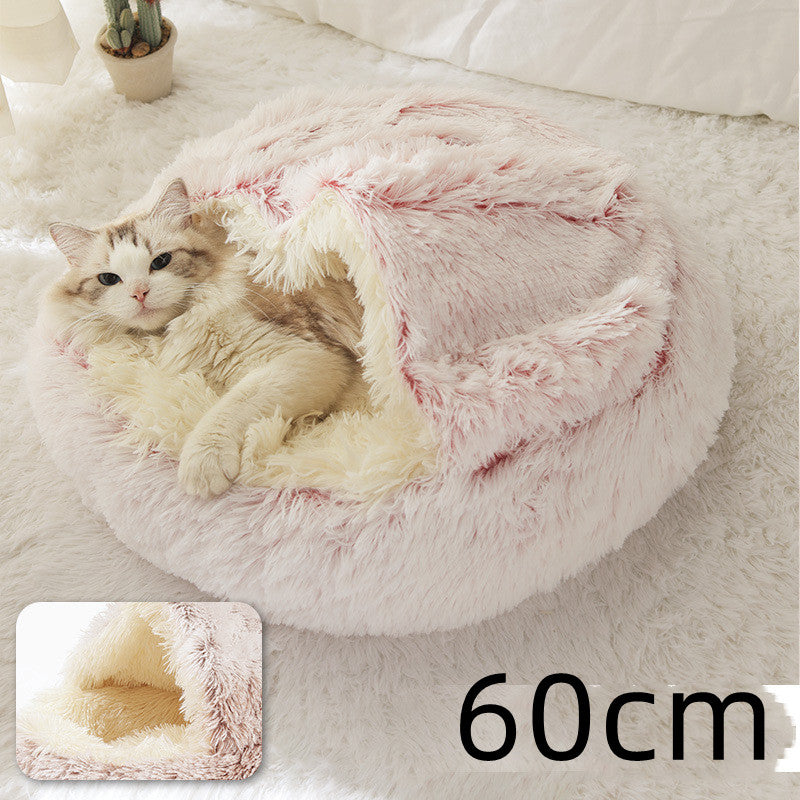 2 In 1 Pet Winter Bed Round Plush Warm Bed House Soft Long Plush Pets Bed