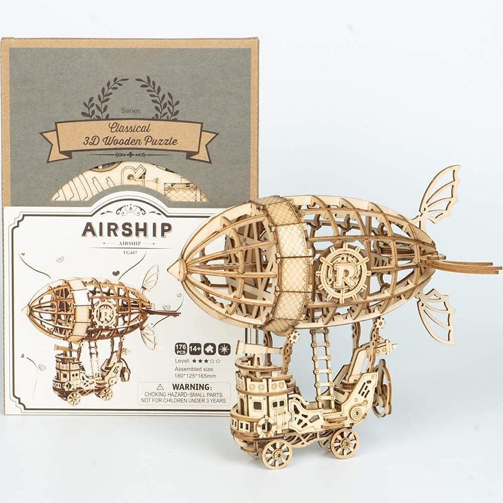 ROBOTIME Wooden Jigsaw 3D Puzzle Blimp Model for kids over 14 or adults for birthdays and other festive gifts, toys, collectibles.