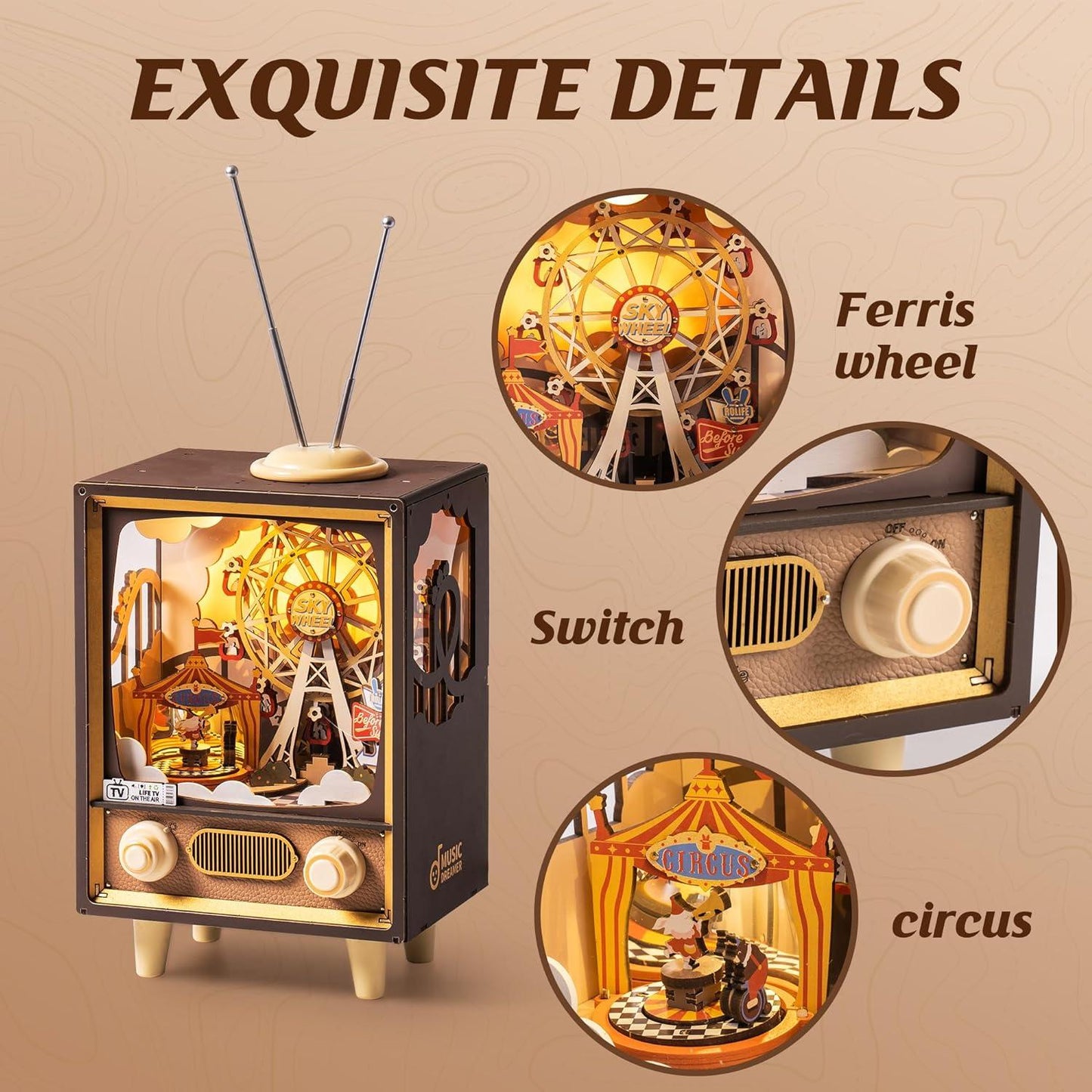 ROBOTIME Wooden Music Box 3D Puzzles for Adults DIY Model Kits to Build Book Nook Hobby Personalized Crafts Gift Home Decoration (Sunset Carnival)