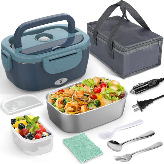Electric Lunch Box Food Heater, 60W Heated Lunch Box for Adults, 12V 24V 110V Portable Food Warmer LunchBox for Car Truck Work with Removable 304 Stainless Steel Container, Carry Bag
