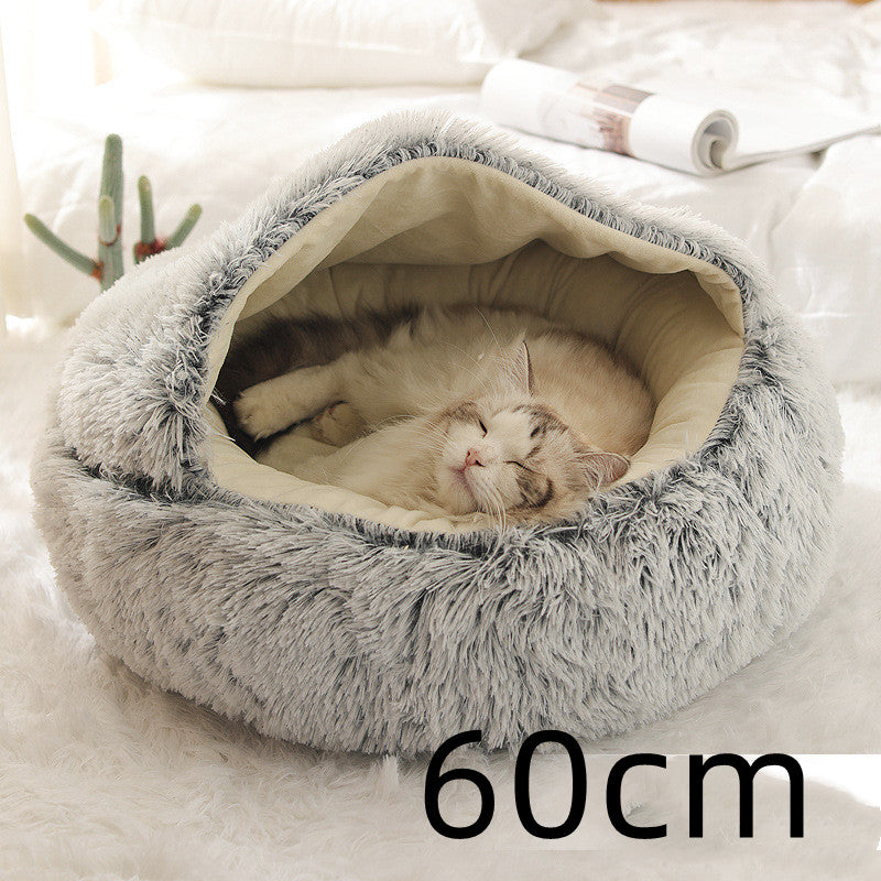 2 In 1 Pet Winter Bed Round Plush Warm Bed House Soft Long Plush Pets Bed
