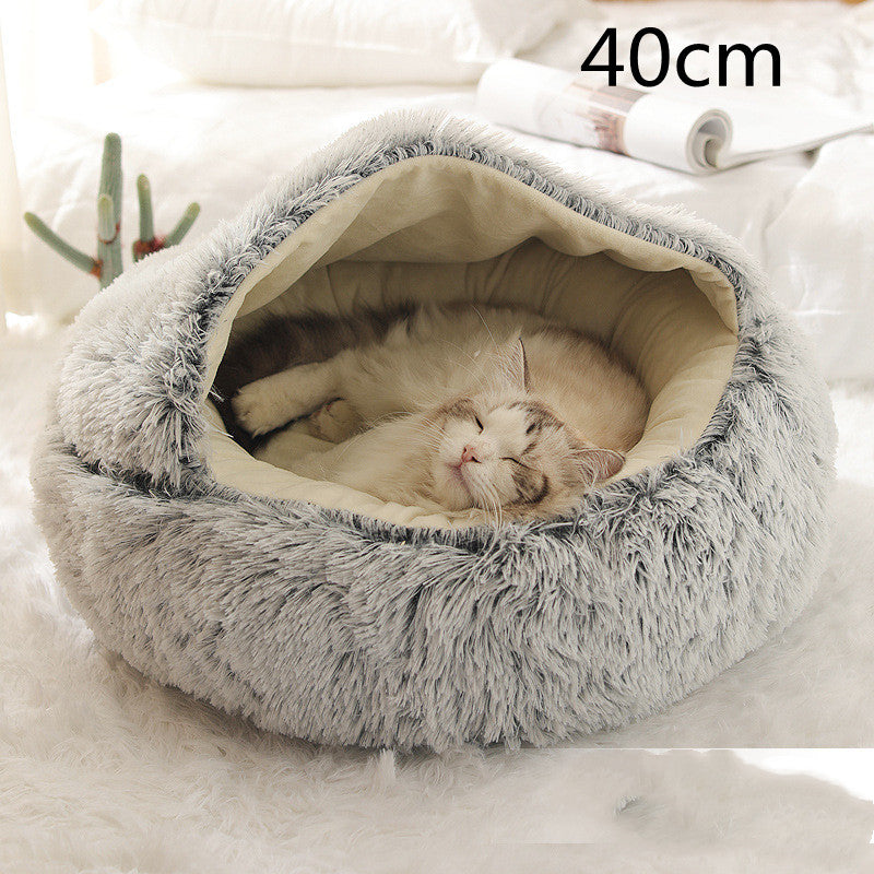 2 In 1 Pet Winter Bed Round Plush Warm Bed House Soft Long Plush Pets Bed