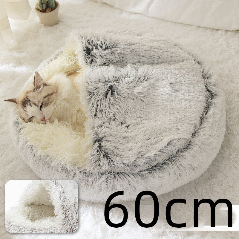2 In 1 Pet Winter Bed Round Plush Warm Bed House Soft Long Plush Pets Bed