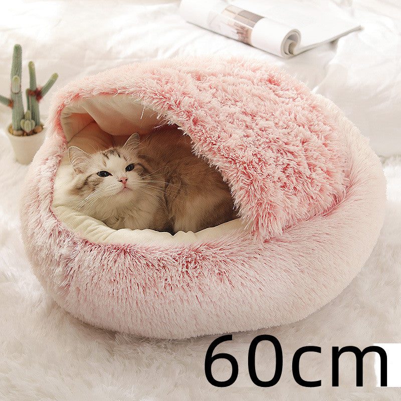 2 In 1 Pet Winter Bed Round Plush Warm Bed House Soft Long Plush Pets Bed