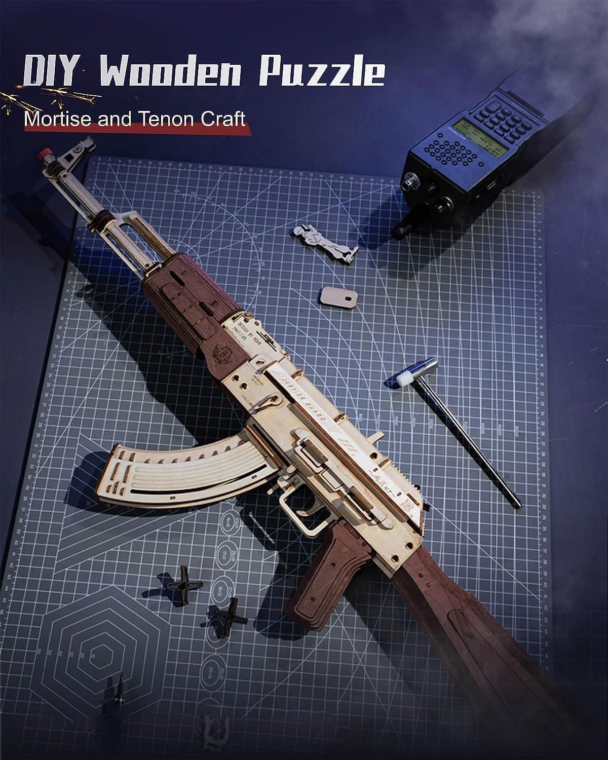 ROBOTIME 3D Wooden Puzzle Toy Rifle, Model Kits with Rubber Bands for Adults to Build, Unique Gifts for Kids and Adults