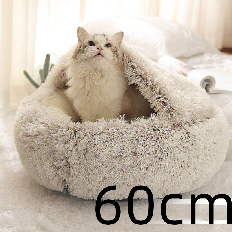 2 In 1 Pet Winter Bed Round Plush Warm Bed House Soft Long Plush Pets Bed