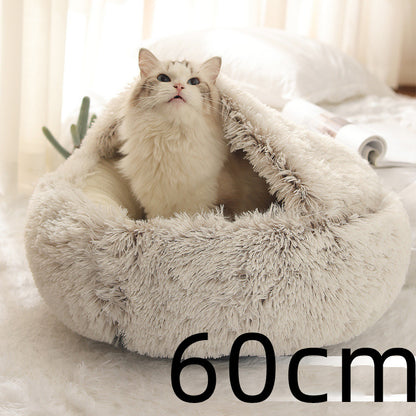 2 In 1 Pet Winter Bed Round Plush Warm Bed House Soft Long Plush Pets Bed