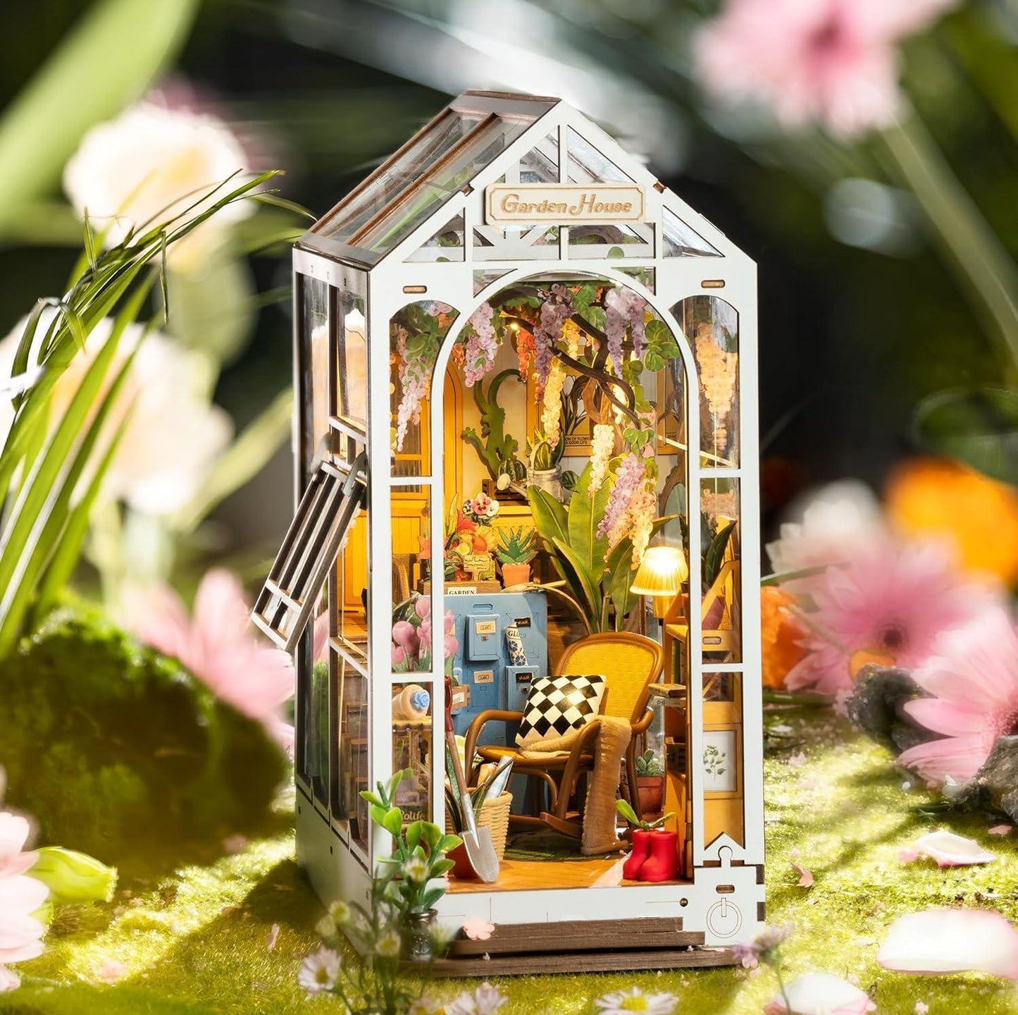 ROBOTIME Book Nook Kit Gardenhouse with LED Lights, DIY Miniature Dolls House Kit 3D Wooden Puzzle Bookend Booknook Book Shelf Decoration Gift