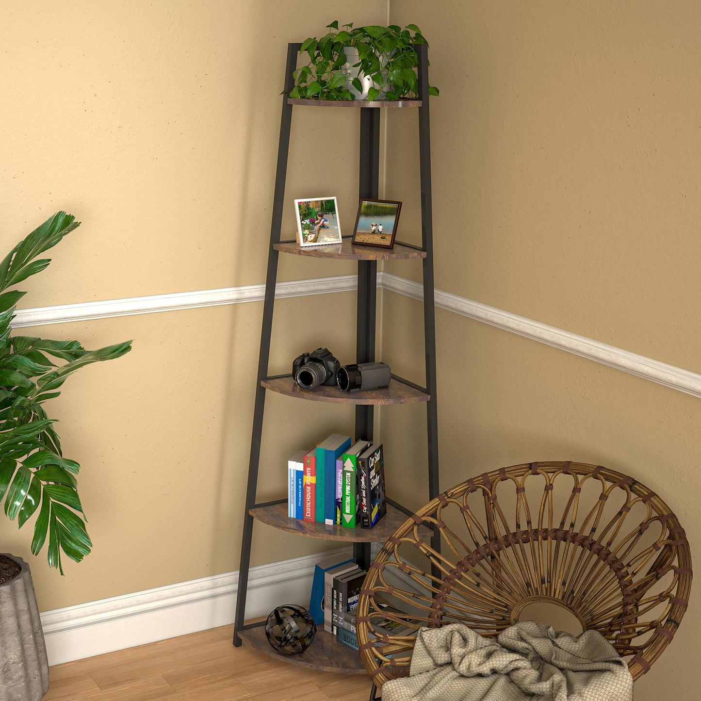 Corner shelf, 5-tier corner bookshelf, 70-inch high display storage rack, multifunctional unit ladder shelf for living room, office, small space