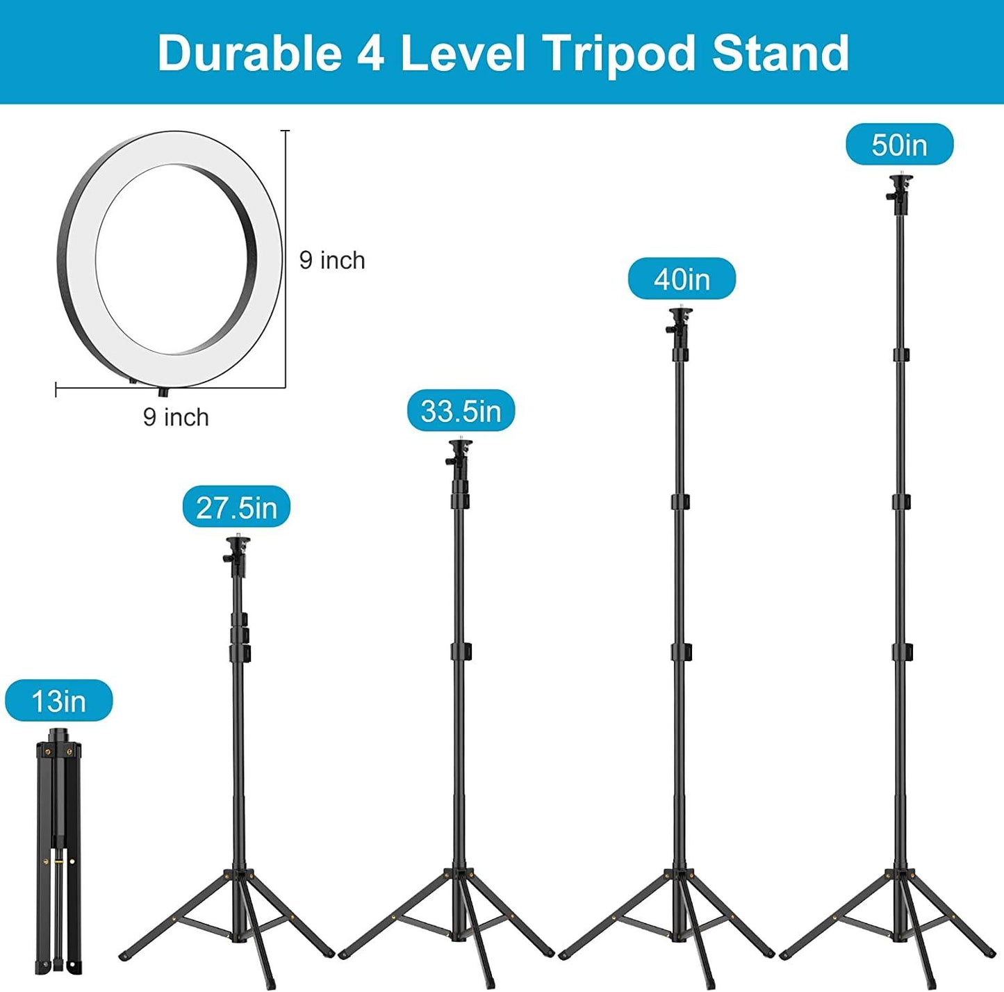 9-inch Ring Light with Stand and Phone Holder, 50" Tripod with Remote