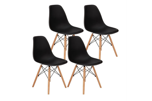 Black Plastic Chair with Wooden Legs, 4 pc / Set