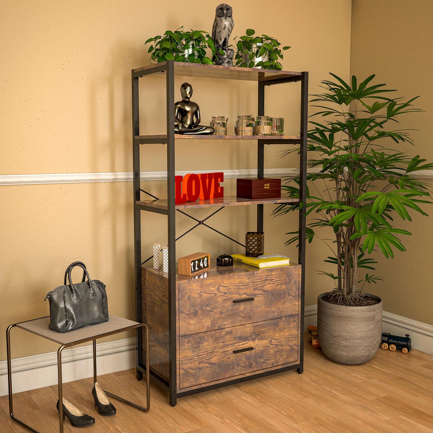 62.7 Inch High Bookshelf 4-Tier Industrial Bookcase with File Cabinet Drawers, Freestanding Storage Home Office Cabinet Organizer, Vintage Brown