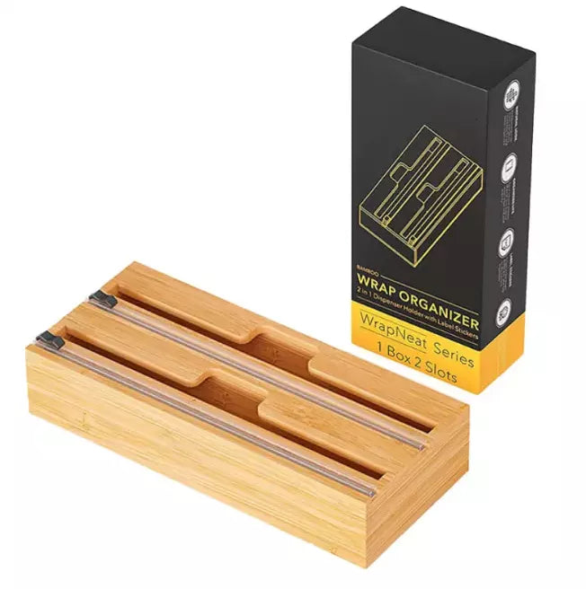 Bamboo Wood Multi Wrap Dispenser Organizer With Slider Cutter