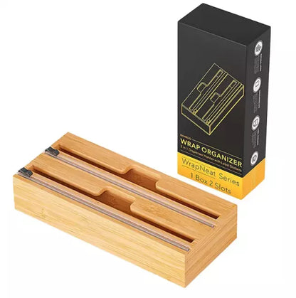 Bamboo Wood Multi Wrap Dispenser Organizer With Slider Cutter