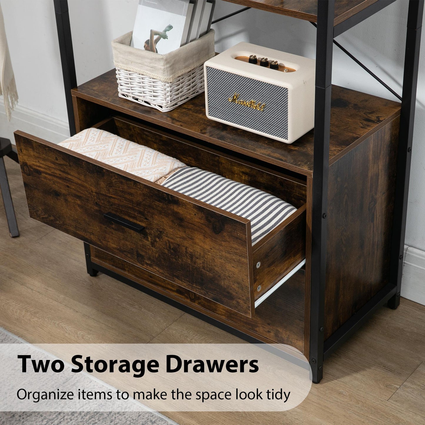 62.7 Inch High Bookshelf 4-Tier Industrial Bookcase with File Cabinet Drawers, Freestanding Storage Home Office Cabinet Organizer, Vintage Brown