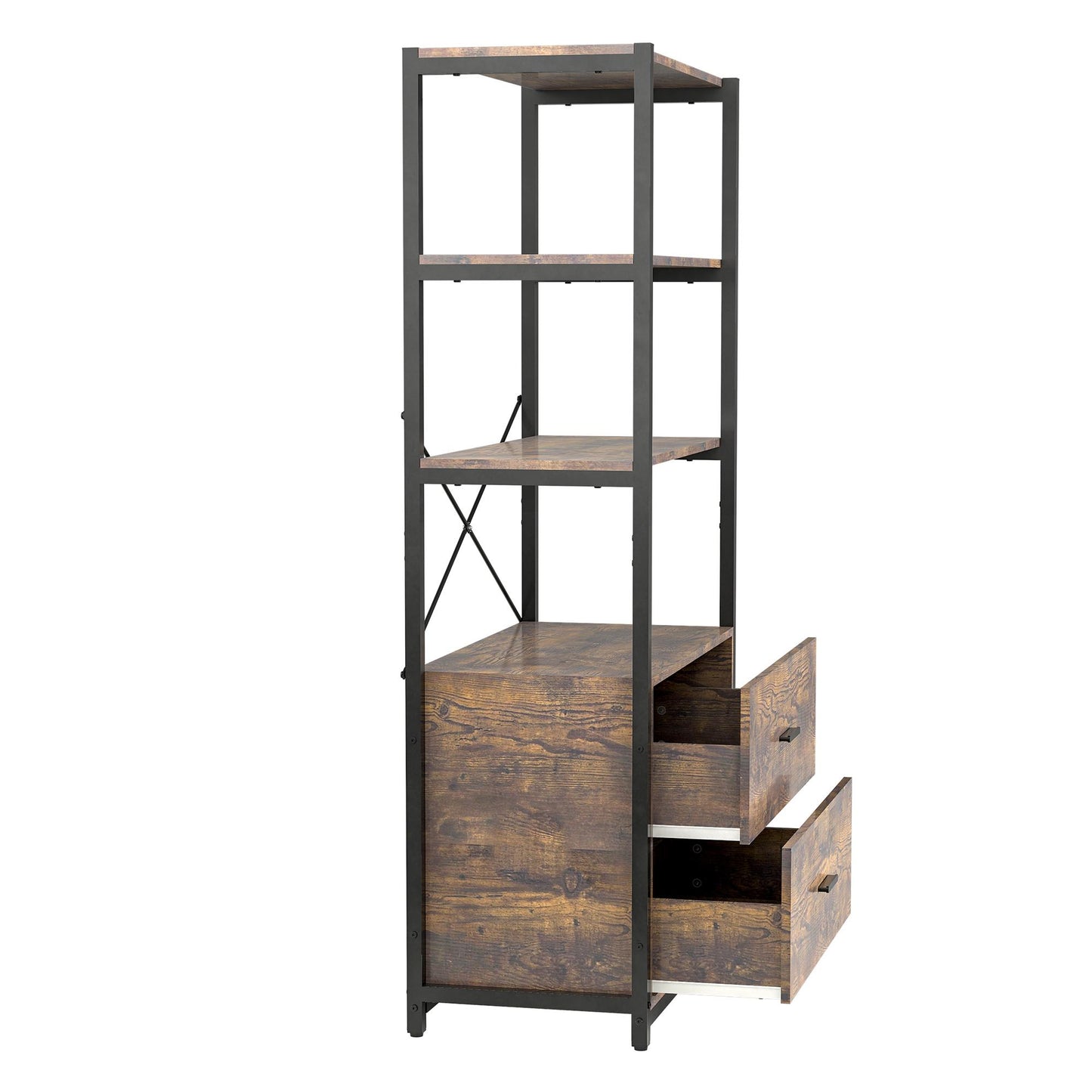 62.7 Inch High Bookshelf 4-Tier Industrial Bookcase with File Cabinet Drawers, Freestanding Storage Home Office Cabinet Organizer, Vintage Brown